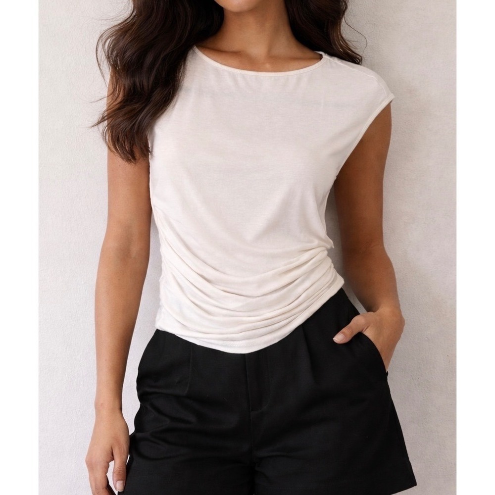 White Ruched Cap Sleeve Top Women Size S Boat Neck
